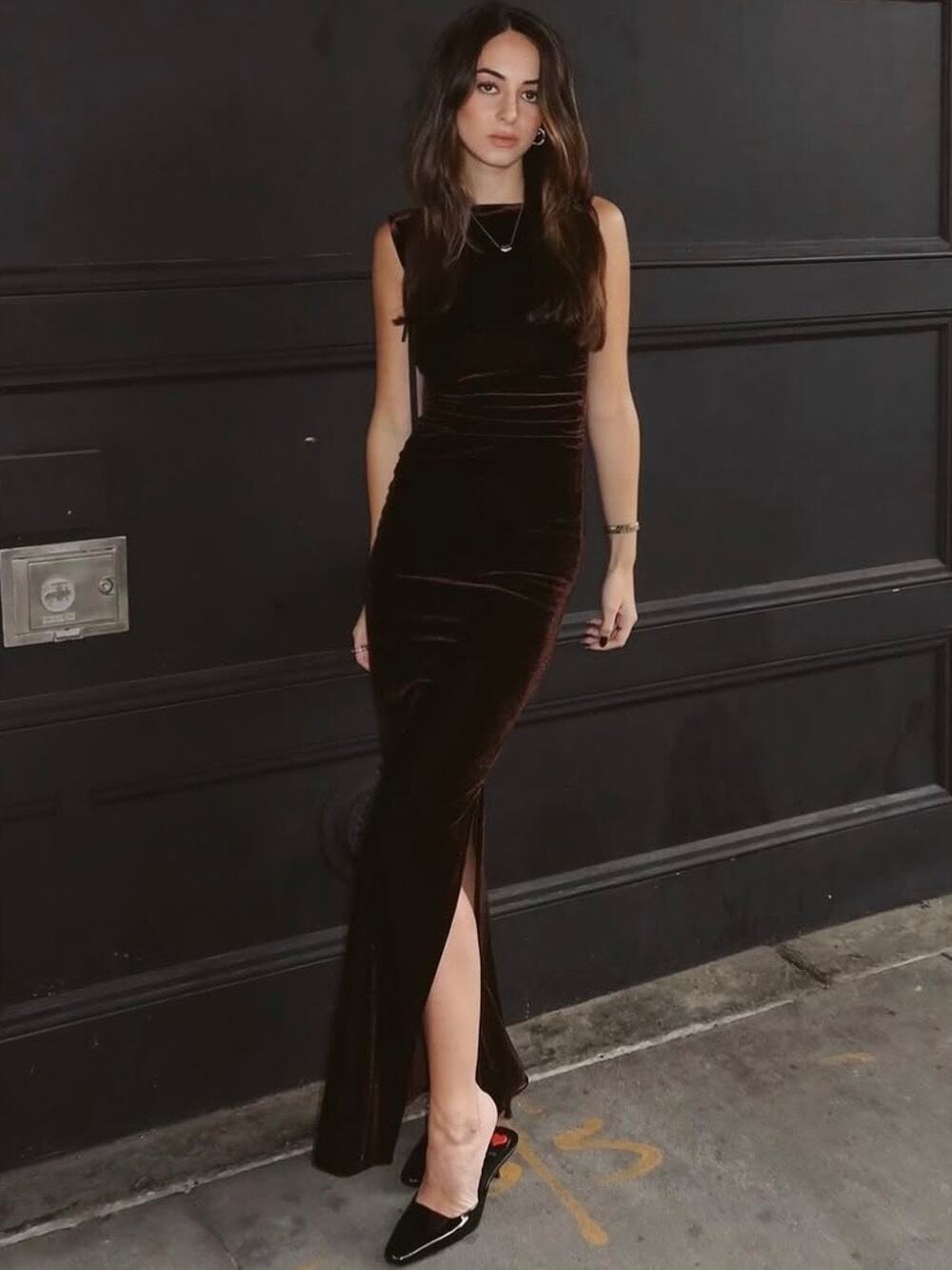 WAYF Chocolate Brown Velvet Sexy Scoop Back Long Maxi Column Gown Davin Dress XS
